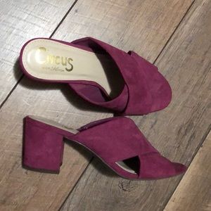Fuschia faux suede slides